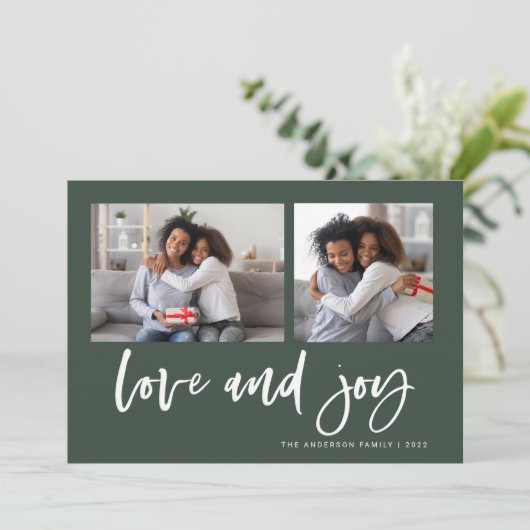 Casual script twee fotoraster | Liefde en Joy Feestdagenkaart (Staand voorkant)