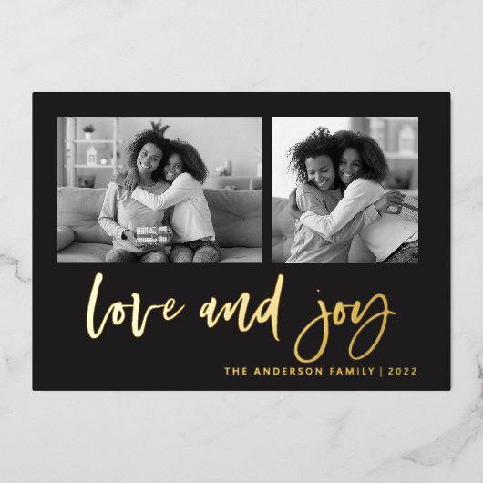 Casual script twee fotoraster | Liefde en Joy Folie Feestdagenkaart (Voorkant)