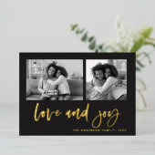 Casual script twee fotoraster | Liefde en Joy Folie Feestdagenkaart (Staand Voorkant)