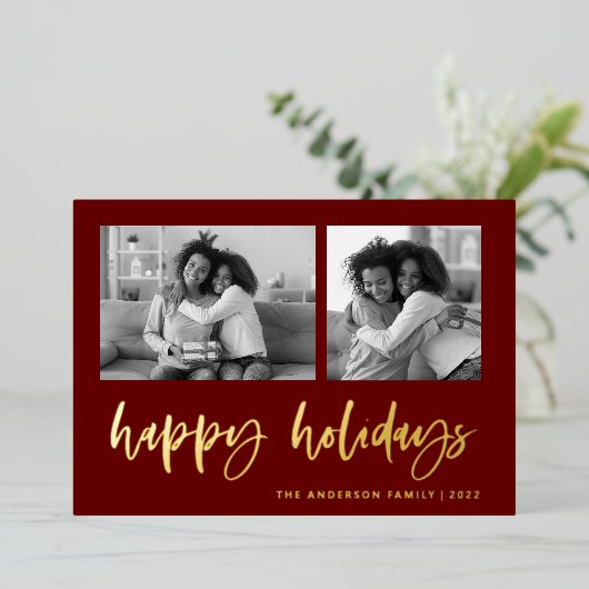 Casual script twee fotoraster | PRETTIGE FEESTDAGE Folie Feestdagenkaart (Staand Voorkant)