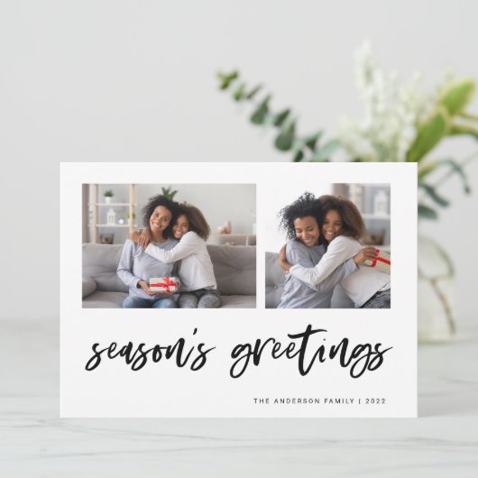Casual script twee fotoraster | Seizoengroeten Feestdagenkaart (Staand voorkant)