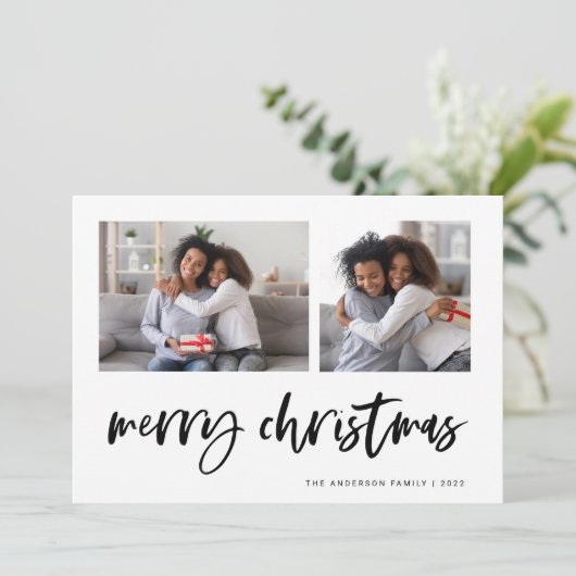 Casual script twee fotoraster | Vrolijk kerstfeest Feestdagenkaart (Staand voorkant)