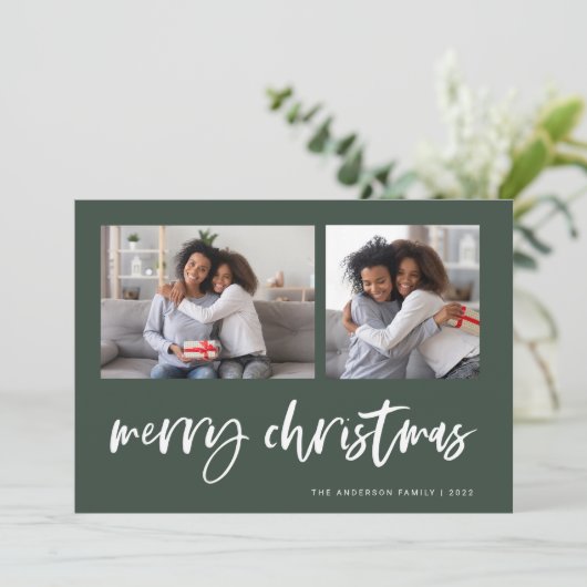 Casual script twee fotoraster | Vrolijk kerstfeest Feestdagenkaart (Staand voorkant)