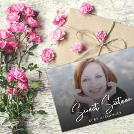 Casual Script White 4 Foto Sweet 16 Birthday Kaart