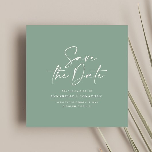 Casual scriptpagina groene typografie bruiloft save the date