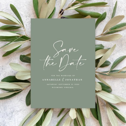 Casual scriptpagina groene typografie bruiloft save the date