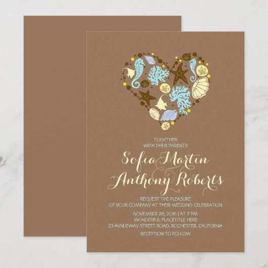 casual strand huwelijksuitnodiging & zee hart kaart (Voorkant / Achterkant)