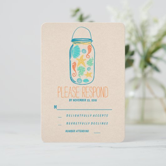 Casual strand mason jar bruiloft RSVP (Staand voorkant)