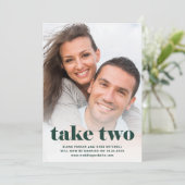 Casual tekst | Twee foto Emerald Green Rescheduled Save The Date (Staand voorkant)