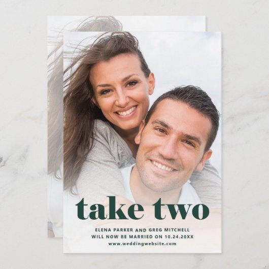 Casual tekst | Twee foto Emerald Green Rescheduled Save The Date (Voorkant / Achterkant)