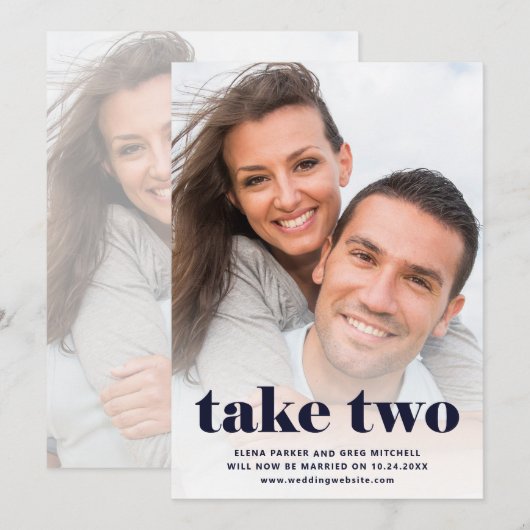 Casual tekst | Twee foto's van Navy Blue, opnieuw Save The Date (Voorkant / Achterkant)