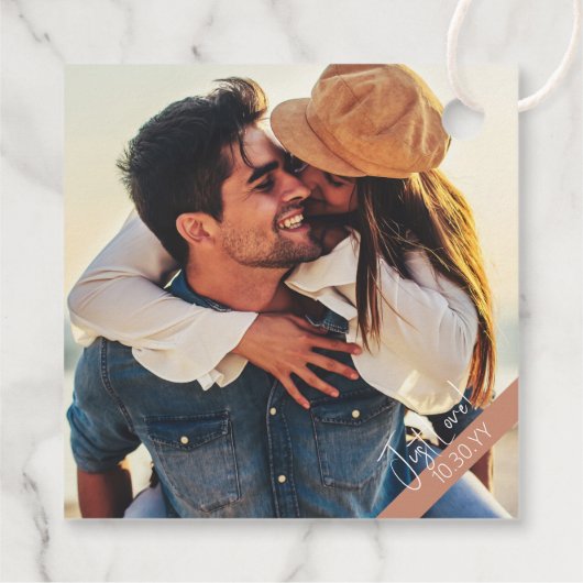 Casual Terra Cotta Modern trouwfoto Bedankjes Labels (Achterkant)