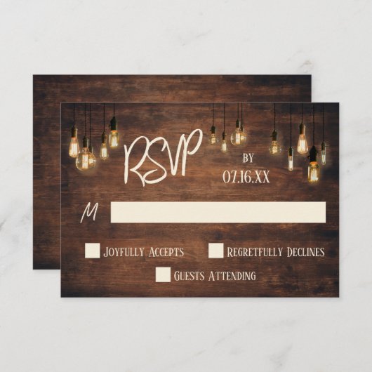 Casual typografie, rijk bruin hout, edisonlichten RSVP kaartje (Voorkant / Achterkant)