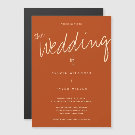Casual verbrande Oranje Typografie Wedding Magnetische Uitnodiging (Voorkant / Achterkant)