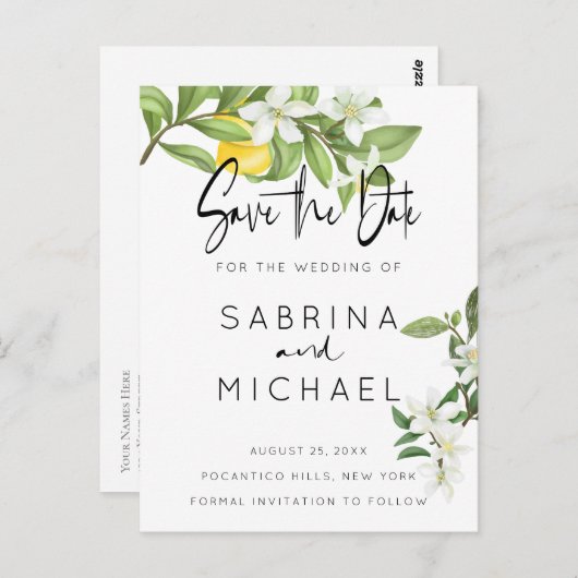 Casual Waterverf Lemon Blossom sparen de Datum Briefkaart (Voorkant / Achterkant)