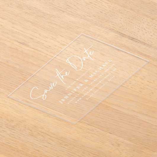 Casual White Script Wedding Sla de datum op Acryl Uitnodigingen (Laagn)