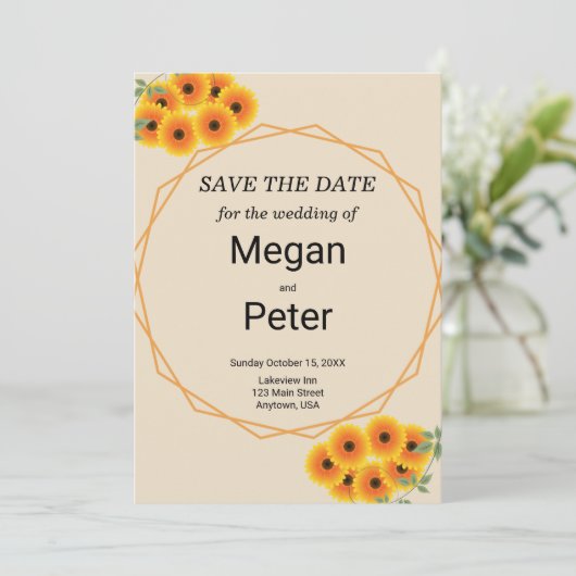 Casual zonnebloem bruiloft save the date (Staand voorkant)