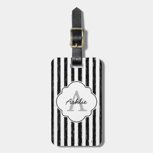Casual zwart gekleurd strips monogram en naam bagagelabel (Voorkant verticaal)