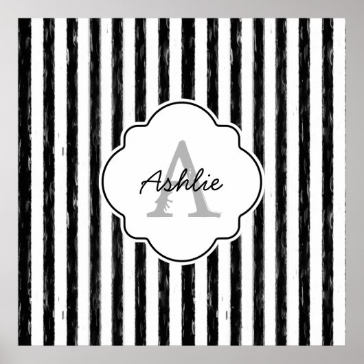 Casual zwart gekleurd strips monogram en naam poster (Voorkant)