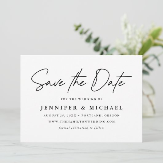 Casual zwart-Script bruiloft Save The Date (Staand voorkant)