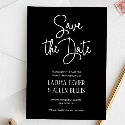 Casual zwart wit schrijven Save the Date Wedding Kaart