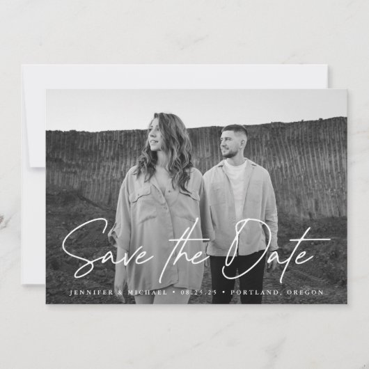 Casual zwarte en witte foto van het Manuscript Save The Date (Voorkant)