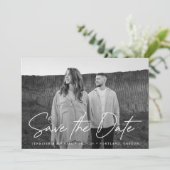 Casual zwarte en witte foto van het Manuscript Save The Date (Staand voorkant)