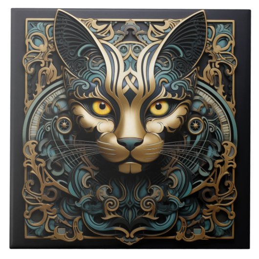 Cat 3D-effect met gouden accent Abstracte kunst Tegeltje (Voorkant)
