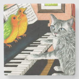 Cat 457 playing Piano Birds Stenen Onderzetter