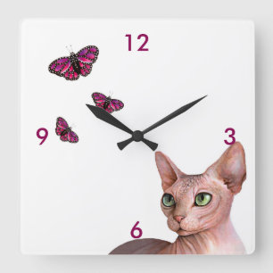 Cat 578 Sphynx Sphinx Cat Pink Butterfly Vierkante Klok