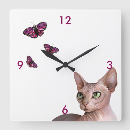 Cat 578 Sphynx Sphinx Cat Pink Butterfly Vierkante Klok (Voorkant)