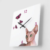 Cat 578 Sphynx Sphinx Cat Pink Butterfly Vierkante Klok (Hoek)