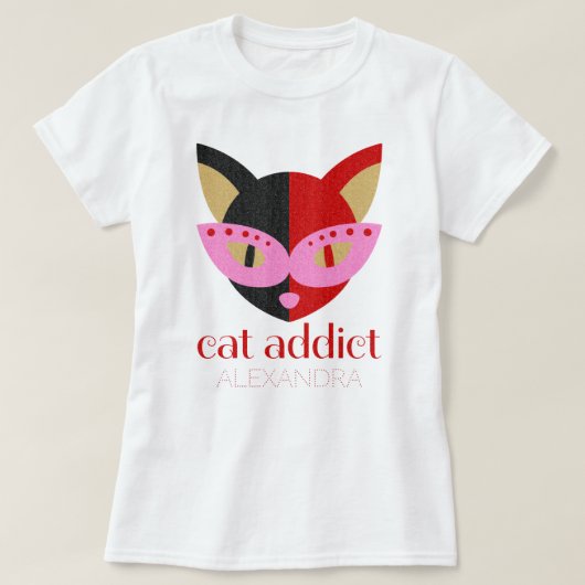 Cat Addicate Cute Black Rood Roze Naam Gepersonali T-shirt (Design voorkant)