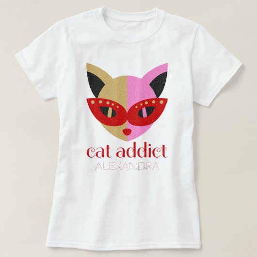 Cat Addicate Cute Red Pink Gold Name Gepersonalise T-shirt (Design voorkant)