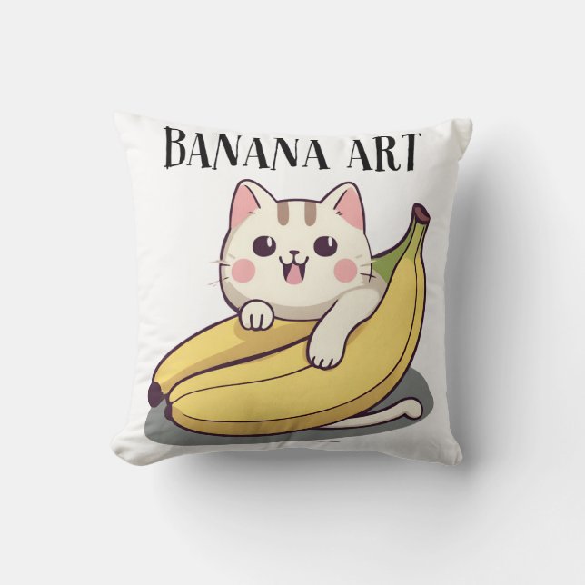 Cat Adores Banana Art Kussen (Voorkant)