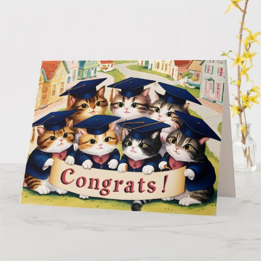 Cat afstuderen gefeliciteerd kaart (Gele Bloem)