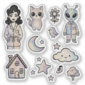 Cat Alien Pinup Girl Cool Illustration Sticker Set (Voorkant)