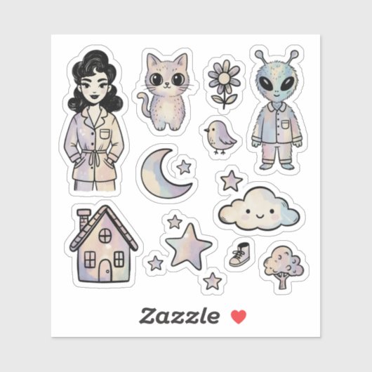 Cat Alien Pinup Girl Cool Illustration Sticker Set (Vel)