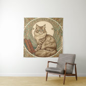 cat and books framed with geometrical ornament wandkleed (In situ)