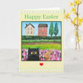 Cat and Bunny among Tulips Cute Spring Landscape Kaart (Gele Bloem)
