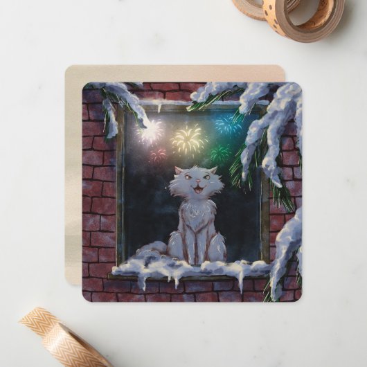 Cat and fireworks - card - by Monika Marzec Notitiekaartje (Voorkant / Achterkant in situ)