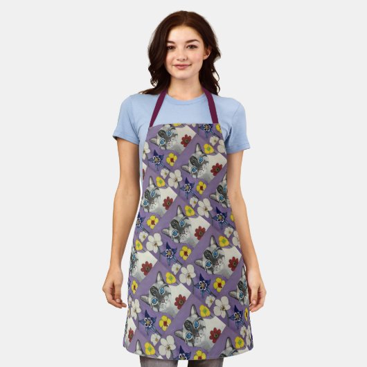 Cat and flowers All-Over Print Apron, Medium Schort (Gedragen)