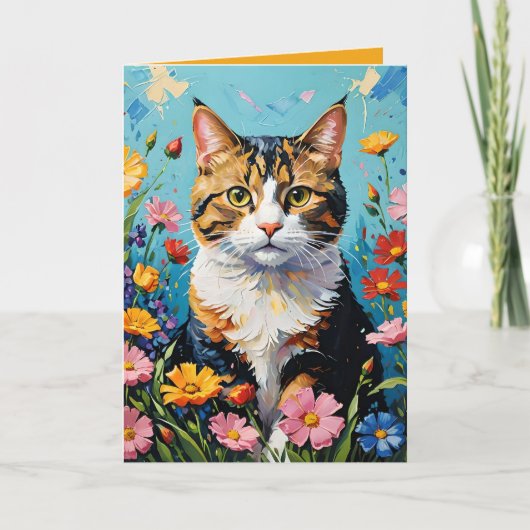Cat and Flowers Greetings Card Kaart (Voorkant)