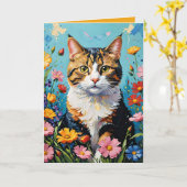 Cat and Flowers Greetings Card Kaart (Gele Bloem)
