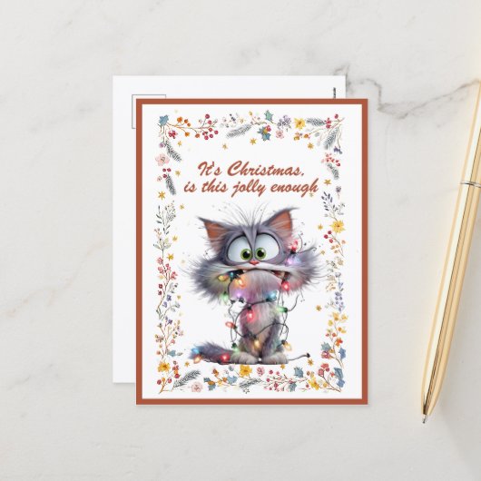Cat and Lights It's Christmas Is This Jolly Enough Feestdagenkaart (Voorkant / Achterkant in situ)