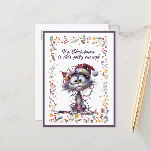 Cat and Lights It's Christmas Is This Jolly Enough Feestdagenkaart (Voorkant / Achterkant in situ)