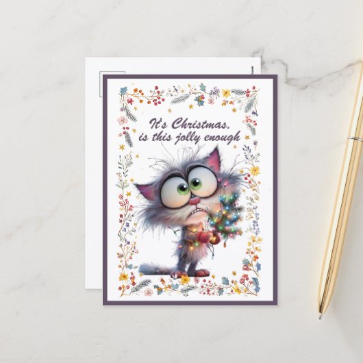 Cat and Lights It's Christmas Is This Jolly Enough Feestdagenkaart (Voorkant / Achterkant in situ)