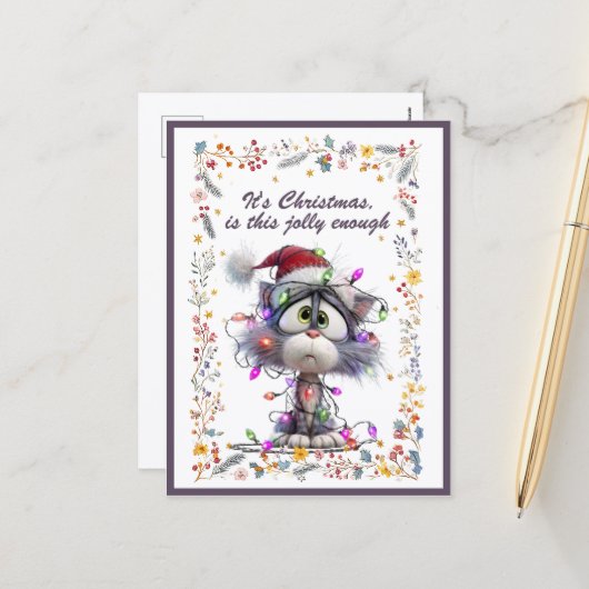 Cat and Lights It's Christmas Is This Jolly Enough Feestdagenkaart (Voorkant / Achterkant in situ)