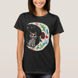 Cat and Moon Sugar Skull Calavera Dia de Muertos H T-shirt