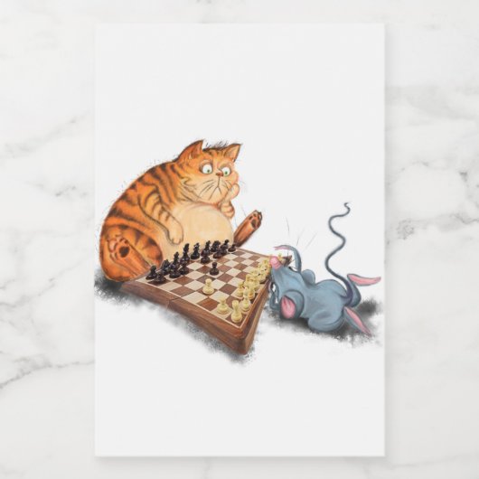 Cat and Mouse Playing Chess Cartoon Drawing Funny Voedselcontainer Etiket (Enkel label)